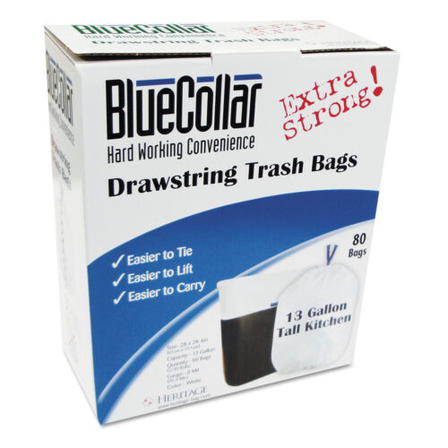 BlueCollar Drawstring Trash Bags, Drawstring, 13 gal, 24" x 28", White, 40 Bags/Roll, 2 Rolls/Box (HERN4828EWRC1)