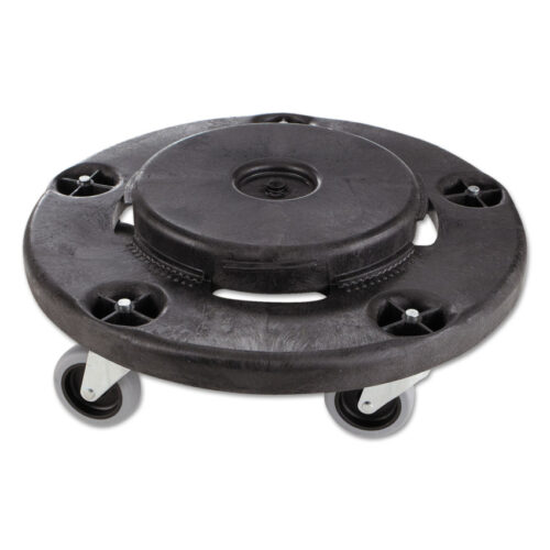 Rubbermaid Commercial Brute Round Twist On/Off Dolly, 250 lb Capacity, 18" dia x 6.63"h, Fits 20 to 55 Gallon BRUTE Containers, Black (RCP264000BK)