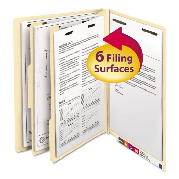 Smead Manila End Tab Classification Folders, 2" Expansion, 2 Dividers, 6 Fasteners, Letter Size, Manila Exterior, 10/Box (SMD26835)