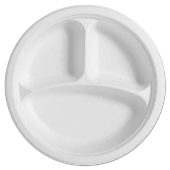Chinet PaperPro Naturals Fiber Round Plates, 3-Compartment Plate, 10.25" dia, Natural, 125/Pack, 4 Packs/Carton (HUH25777CT)