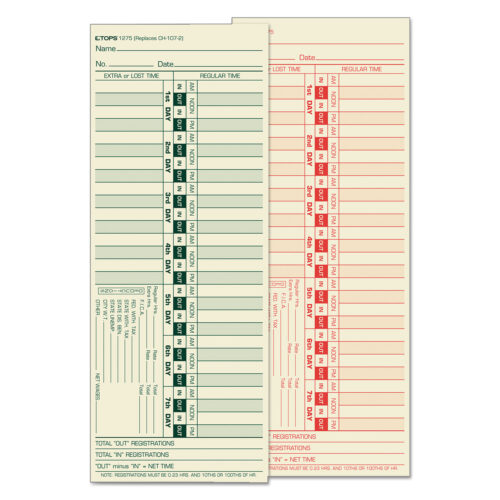 TOPS Time Clock Cards, Replacement for CH-107-2, Two Sides, 3.5 x 9, 500/Box (TOP1275)