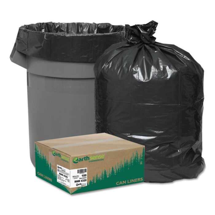 Earthsense Commercial Linear Low Density Recycled Can Liners, 56 gal, 2 mil, 43" x 47", Black, 10 Bags/Roll, 10 Rolls/Carton (WBIRNW4320)