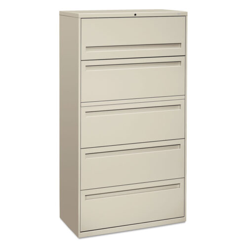 HON Brigade 700 Series Lateral File is a filing cabinet with four drawers for legal or letter-size files. It also has one file shelf and one post shelf on top. The cabinet features a telescoping slide suspension, which makes the drawers slide smoothly, and a lock that secures both sides of each drawer. To prevent tipping, only one drawer can open at a time. It also has adjustable leveling glides to keep it steady on uneven floors. The light gray cabinet measures 36" x 18" x 64.25".