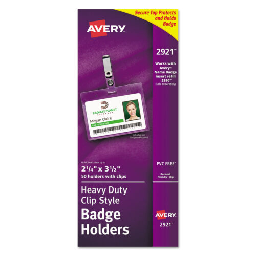 Avery Secure Top Clip-Style Badge Holders, Horizontal, 2 1/4 x 3 1/2, Clear, 50/Box (AVE2921)