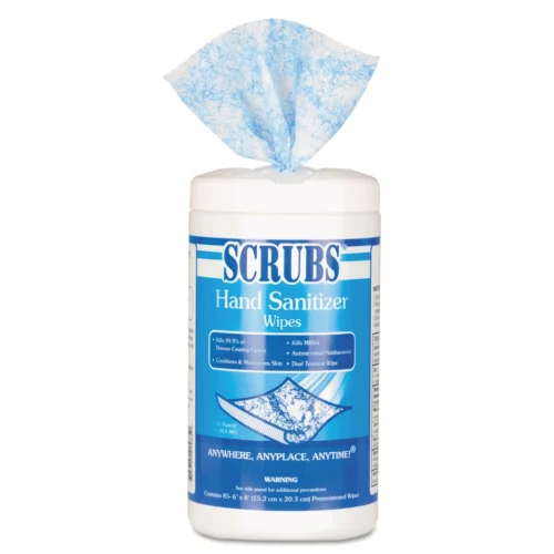 SCRUBS Hand Sanitizer Wipes, 1-Ply, 6 x 8, Unscented, Blue/White, 85/Canisters, 6 Canisters/Carton (ITW90985)