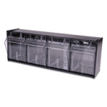 deflecto Tilt Bin Interlocking Multi-Bin Storage Organizer, 4 Sections, 23.63" x 6.63" x 8.13", Black/Clear (DEF20404OP)