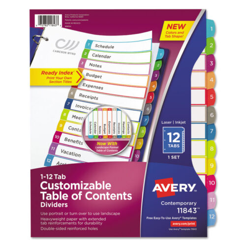 Avery Customizable TOC Ready Index Multicolor Tab Dividers, 12-Tab, 1 to 12, 11 x 8.5, White, Contemporary Color Tabs, 1 Set (AVE11843)