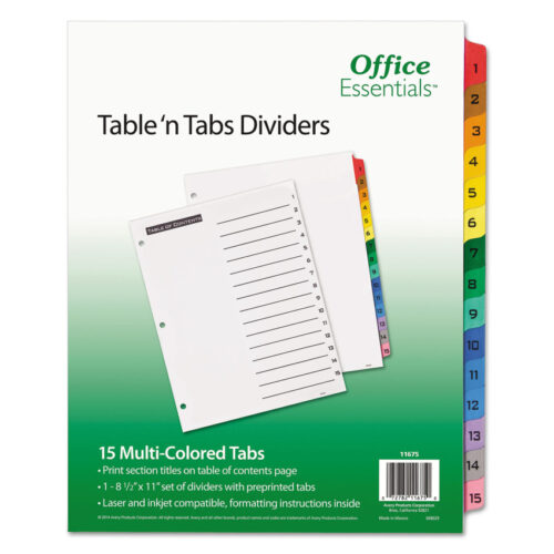 Office Essentials Table 'n Tabs Dividers, 15-Tab, 1 to 15, 11 x 8.5, White, Assorted Tabs, 1 Set (AVE11675)