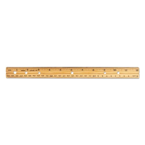 Charles Leonard Beveled Wood Ruler w/Single Metal Edge, 3-Hole Punched, Standard/Metric, 12" Long, Natural, 36/Box (LEO77120)