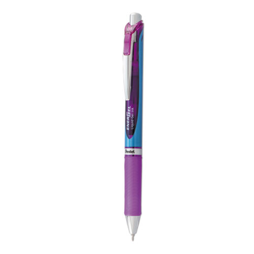 Pentel EnerGel RTX Gel Pen is a retractable pen with a thin 0.5mm needle tip for smooth, precise writing. It combines liquid and gel ink for quick-drying, smudge-free performance (great for lefties!). The ink is bold violet, and the barrel has a stylish violet/blue design with a matching grip and metal accents. Retractable, there is no cap to lose. Model: PENBLN75V.