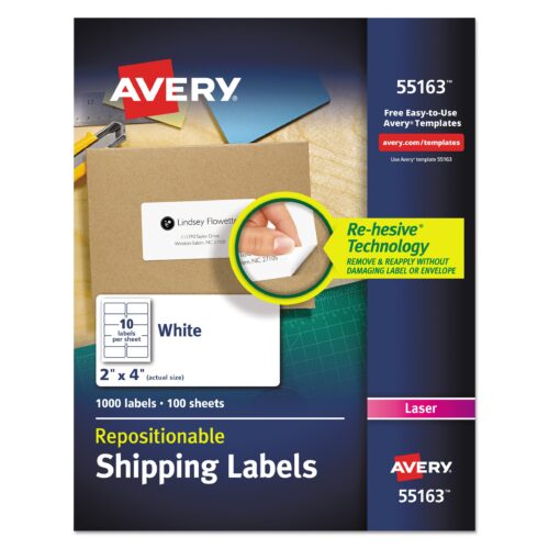Avery Repositionable Shipping Labels w/Sure Feed, Inkjet/Laser, 2 x 4, White, 1000/Box (AVE55163)