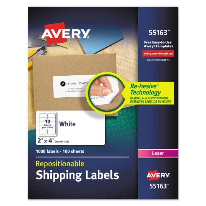 Avery Repositionable Shipping Labels w/Sure Feed, Inkjet/Laser, 2 x 4, White, 1000/Box (AVE55163)