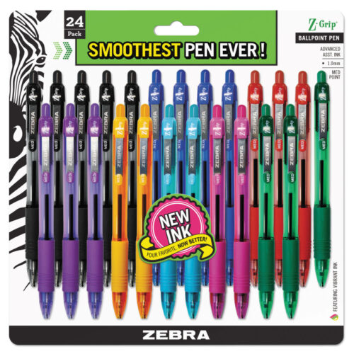 Zebra Z-Grip Ballpoint Pen (24-Pack) is a no-mess retractable pen that writes smoothly every time. The medium tip glides easily, and the comfy grip stops your hand from slipping. It comes in bright barrel colors and fun ink shades for work or hobbies. The clip keeps it secure in pockets or bags. Great for school, office, or home, 24 pens in one pack, all for a low price!