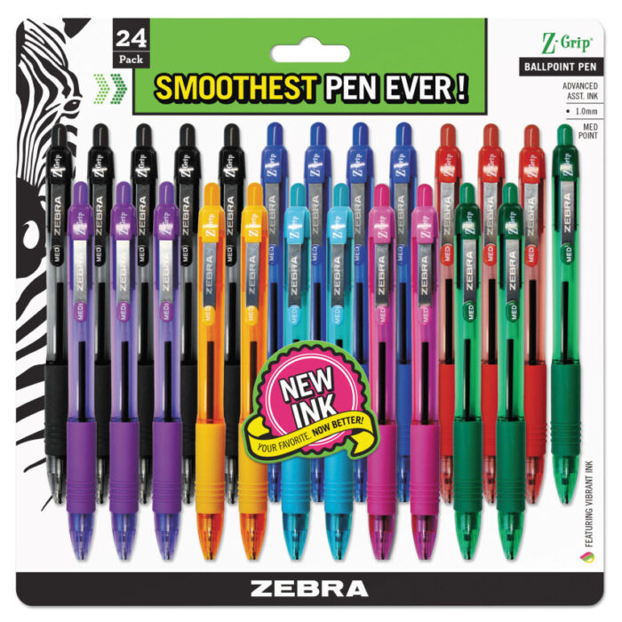 Zebra Z-Grip Ballpoint Pen (24-Pack) is a no-mess retractable pen that writes smoothly every time. The medium tip glides easily, and the comfy grip stops your hand from slipping. It comes in bright barrel colors and fun ink shades for work or hobbies. The clip keeps it secure in pockets or bags. Great for school, office, or home, 24 pens in one pack, all for a low price!