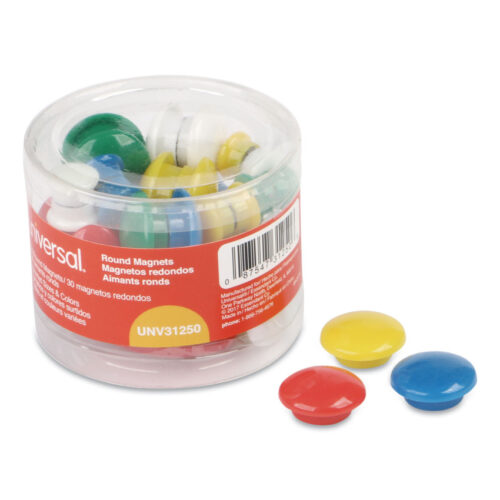 Universal Assorted Magnets, Circles, Assorted Colors, 0.63", 1", 1.63" Diameters, 30/Pack (UNV31250)