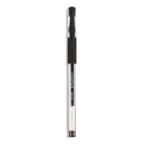 Universal Comfort Grip Gel Pen, Stick, Fine 0.5 mm, Black Ink, Clear/Black Barrel, Dozen (UNV39514)