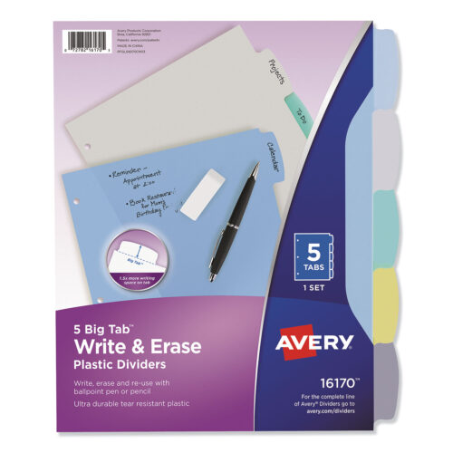 Avery Write and Erase Big Tab Durable Plastic Dividers, 3-Hole Punched, 5-Tab, 11 x 8.5, Assorted, 1 Set (AVE16170)q