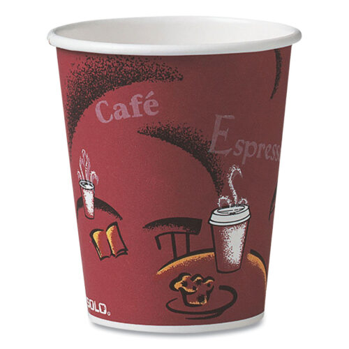 SOLO Paper Hot Drink Cups in Bistro Design, 10 oz, Maroon, 1,000/Carton (SCC370SI)