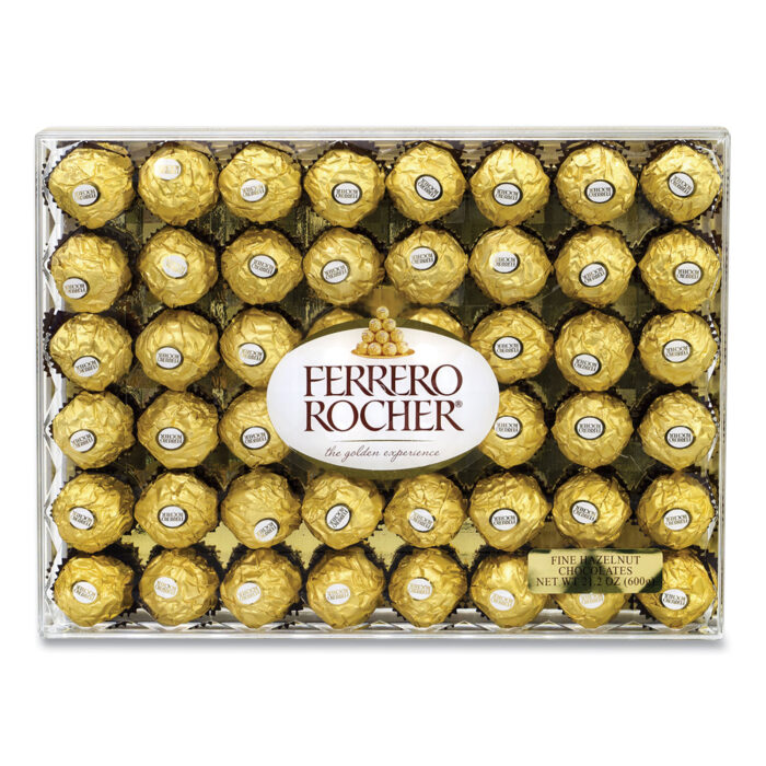 Ferrero Rocher Hazelnut Chocolate Gift Box contains 48 chocolates, each with a whole hazelnut inside creamy chocolate, a crisp wafer, and milk chocolate with chopped hazelnuts on top. This 21.2-oz box is great for sharing, gifting, or enjoying yourself!