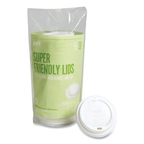 Perk Compostable Plastic Hot Cup Lids, Fits 10 oz , 12 oz, 16 oz Cups, White, 50/Pack (PRK24394129)