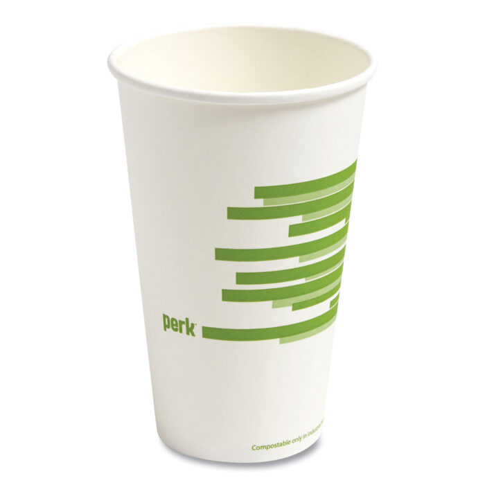 Perk Eco-ID Compostable Paper Hot Cups, 16 oz, White/Green, 50/Pack, 6 Packs/Carton (PRK24394126)