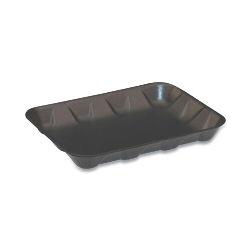 Pactiv Evergreen Supermarket Tray #4D is a strong yet lightweight foam tray, perfect for holding food. It works well in a blast freezer, refrigerator, heated display, or room temperature. Its sturdy design can handle rough use and is ideal for wrapping food by hand or with low-tension machines. Made of black polystyrene foam, each tray measures 9.58" x 7.08" x 1.25", and 400 trays are in each carton.