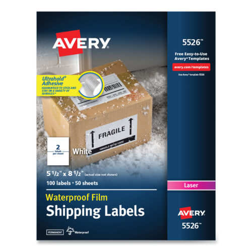 Avery Waterproof Shipping Labels with TrueBlock Technology, Laser Printers, 5.5 x 8.5, White, 2/Sheet, 50 Sheets/Pack (AVE5526)