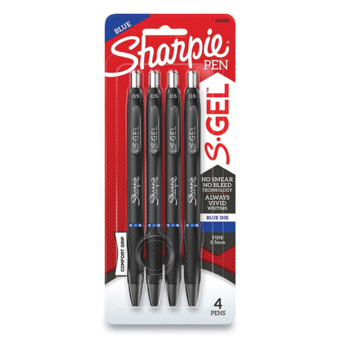 Sharpie S-Gel High-Performance Gel Pen, Retractable, Fine 0.5 mm, Blue Ink, Black Barrel, 4/Pack (SAN2116200)