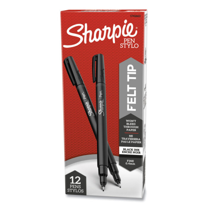 Sharpie Water-Resistant Ink Porous Point Pen, Stick, Fine 0.4 mm, Black Ink, Black Barrel, Dozen (SAN1742663)