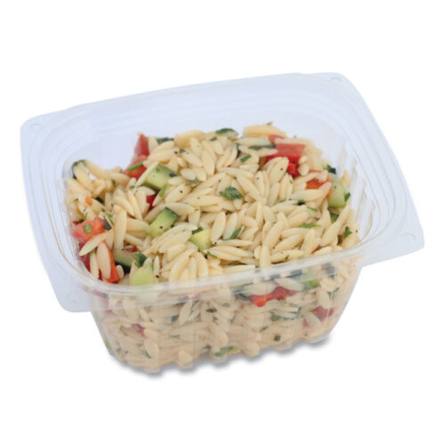 World Centric PLA Rectangular Deli Containers are clear plastic containers made from plant-based, compostable material (PLA). They're perfect for holding cold foods like salads and desserts at delis, takeout spots, grocery stores, and cafes. These 16-oz containers are freezer-safe and fully compostable in 2 to 4 months at a commercial composting facility. They are not microwave-safe and should be stored in a cool place, away from direct sunlight. Matching lids are sold separately, and each carton includes 900 containers.