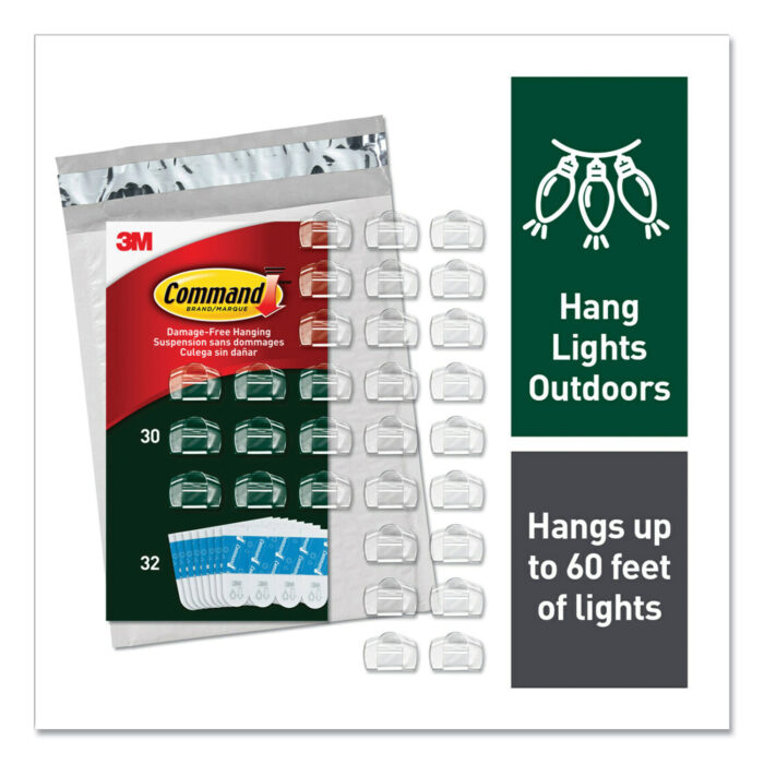 Command All Weather Hooks and Strips, Small, Plastic, Clear, 0.5 lb Capacity, 30 Clips and 32 Strips/Pack (MMM17017CLRAW30)