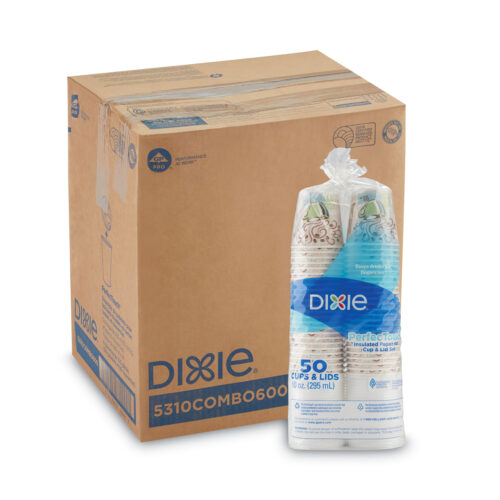 Dixie PerfecTouch Paper Hot Cups and Lids Combo, 10 oz, Multicolor, 50 Cups/Lids/Pack, 6 Packs/Carton (DXE5310CMB600CT)