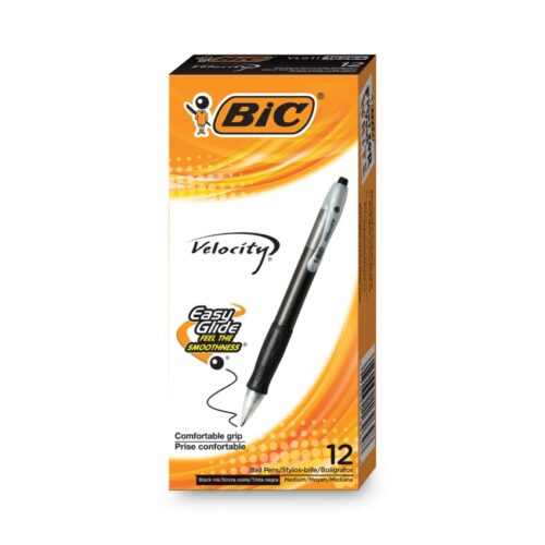 BIC Velocity Easy Glide Ballpoint Pen, Retractable, Medium 1 mm, Black Ink, Translucent Black Barrel, Dozen (BICVLG11BK)