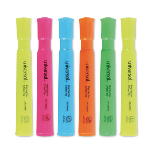 Universal Desk Highlighters are a set of 12 colorful pens designed for easy highlighting. They have a chisel tip, and you can make wide and narrow lines. The caps fit securely on either end and won’t get lost. The bright ink dries quickly, won’t fade, and stands out on the page. The set includes 4 yellow, 2 blue, 2 green, 2 orange, and 2 pink highlighters.