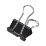 Universal Small Binder Clips come in a box of 12 and feature a black and silver design. These clips are made of strong metal with steel wire, offering great strength and holding power. You can hang and fold the handles against the clipped material or remove them for permanent binding. The triangular shape ensures the clips provide excellent compression, making them reliable for organizing papers or securing materials.