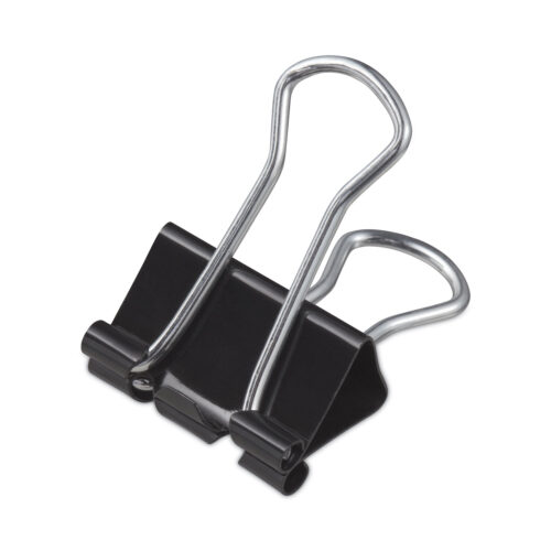 Universal Small Binder Clips come in a box of 12 and feature a black and silver design. These clips are made of strong metal with steel wire, offering great strength and holding power. You can hang and fold the handles against the clipped material or remove them for permanent binding. The triangular shape ensures the clips provide excellent compression, making them reliable for organizing papers or securing materials.