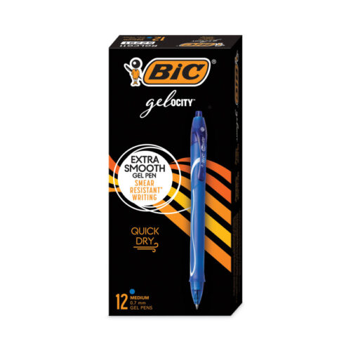 BIC Gel-ocity Quick Dry Gel Pen, Retractable, Medium 0.7 mm, Blue Ink, Blue Barrel, Dozen (BICRGLCG11BE)