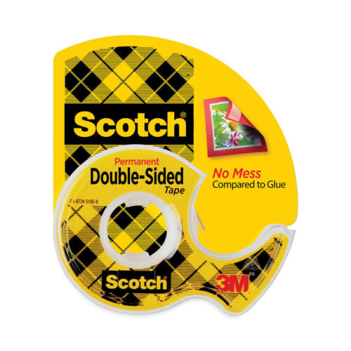 Scotch Double-Sided Permanent Tape is a no-mess way to stick things without glue. Both sides are sticky, perfect for photos, crafts, school projects, or posters. Comes in a portable dispenser and won’t dry out or yellow. Its size is 0.5” wide, and 20.83’ long.