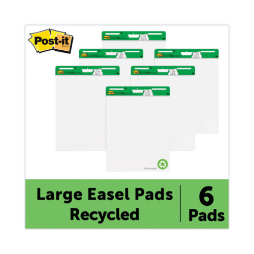 Post-it Easel Pads Super Sticky Vertical-Orientation Self-Stick Easel Pad Value Pack, Green Headband, Unruled, 25 x 30, White, 30 Sheets, 6/Carton (MMM559RPVAD6)