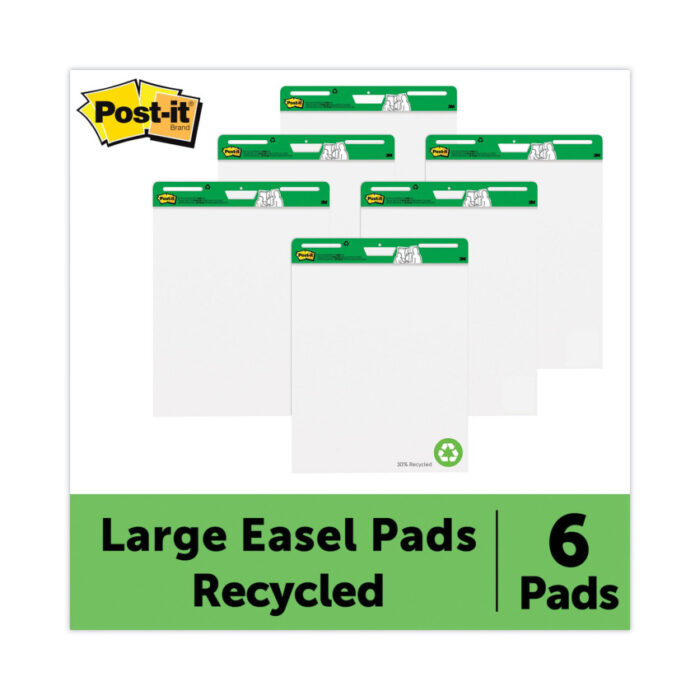 Post-it Easel Pads Super Sticky Vertical-Orientation Self-Stick Easel Pad Value Pack, Green Headband, Unruled, 25 x 30, White, 30 Sheets, 6/Carton (MMM559RPVAD6)