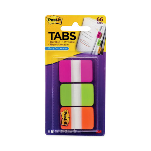 1" Plain Solid Color Tabs, 1/5-Cut, Assorted Bright Colors, 1" Wide, 66/Pack (MMM686PGO)