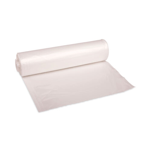 Boardwalk High-Density Can Liners are strong, durable trash bags made from 100% prime resin for extra strength. These 45-gallon liners have a star-seal bottom to prevent leaks and make removal easy. The perforated rolls are coreless, making them simple to use and great for on-the-go dispensing. Ideal for light-duty waste collection, they come in a natural color with 25 bags per roll and 10 rolls per carton. Perfect for commercial use.