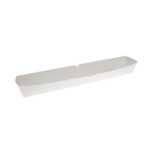 Pactiv Evergreen Paperboard Boat Basket is great for hot dogs and snacks at food trucks, fast-food places, or events. It’s grease-resistant, holds 16 oz, and has easy-to-tear sections (perforations) for splitting portions or airflow. Size: 12.5” long x 2” wide x 1.75” tall. Comes in white, sold in bulk, 500 trays per box. Perfect for quick, mess-free meals!