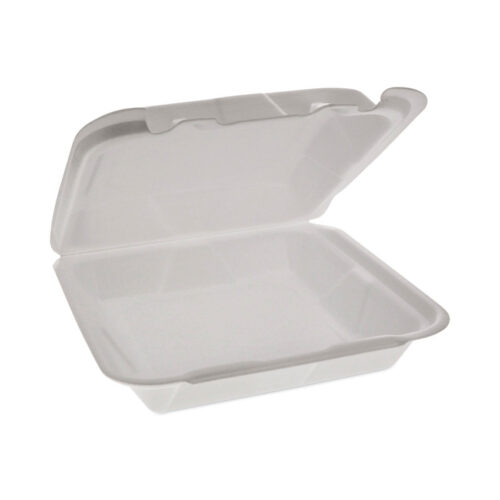 Pactiv Evergreen Foam Hinged Lid Container, Dual Tab Lock Happy Face, 8 x 7.75 x 2.25, White, 200/Carton (PCTYHD18SS00200)