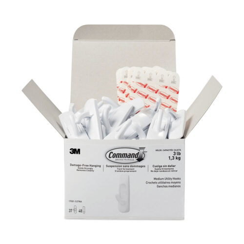 General General Purpose Hooks, Medium, Plastic, White, 3 lb Capacity, 37 Hooks and 48 Strips/Pack (MMM17001S37NA)