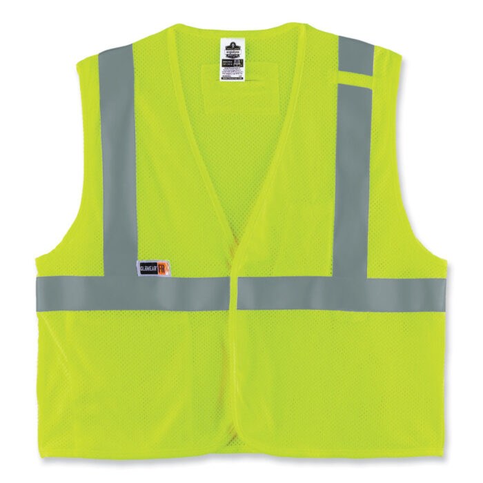 ergodyne GloWear 8263FRHL Class 2 FR Safety Economy Hook and Loop Vest, Modacrylic Mesh/Cotton, 4X-Large/5X-Large, Lime (EGO21869)
