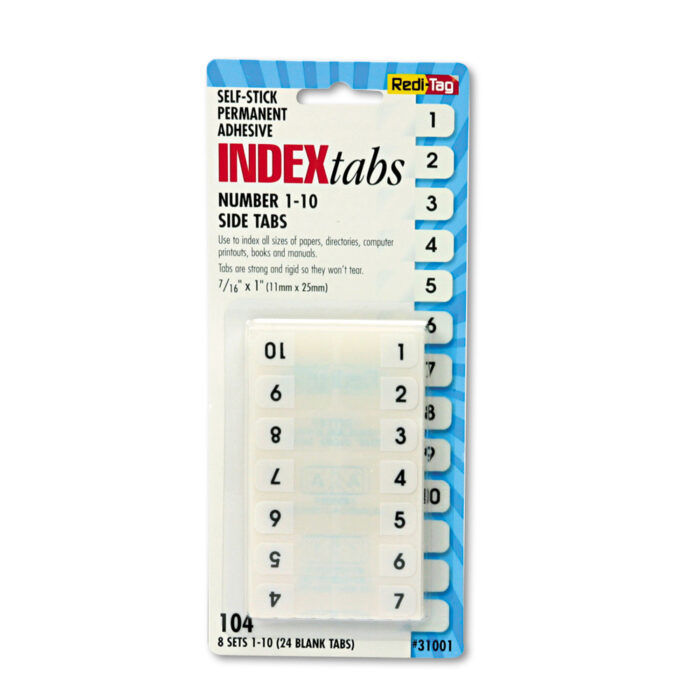 Redi-Tag Legal Index Tabs, Preprinted Numeric: 1 to 10, 1/12-Cut, White, 0.44" Wide, 104/Pack (RTG31001)