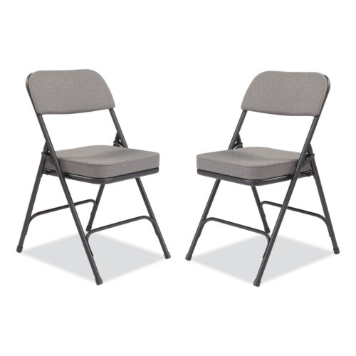 NPS 3200 folding chair is sturdy and easy to fold, thanks to its two-hinge design. It holds up to 300 pounds and has a soft charcoal-gray seat and backrest with thick 2-inch padding for comfort. The black frame is strong, and the chair includes floor protectors to avoid scratches. Perfect for meals, meetings, lounging, or events, these chairs fold flat and come in two per box.