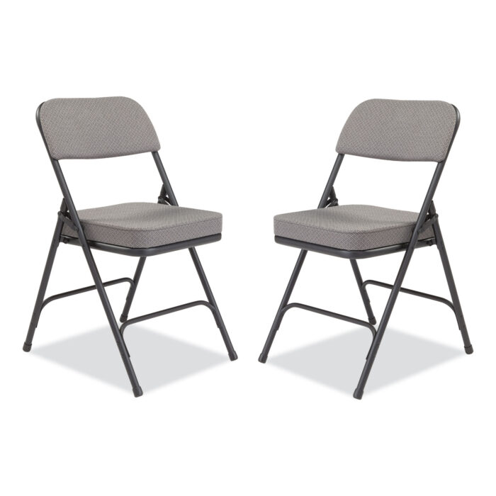 NPS 3200 folding chair is sturdy and easy to fold, thanks to its two-hinge design. It holds up to 300 pounds and has a soft charcoal-gray seat and backrest with thick 2-inch padding for comfort. The black frame is strong, and the chair includes floor protectors to avoid scratches. Perfect for meals, meetings, lounging, or events, these chairs fold flat and come in two per box.