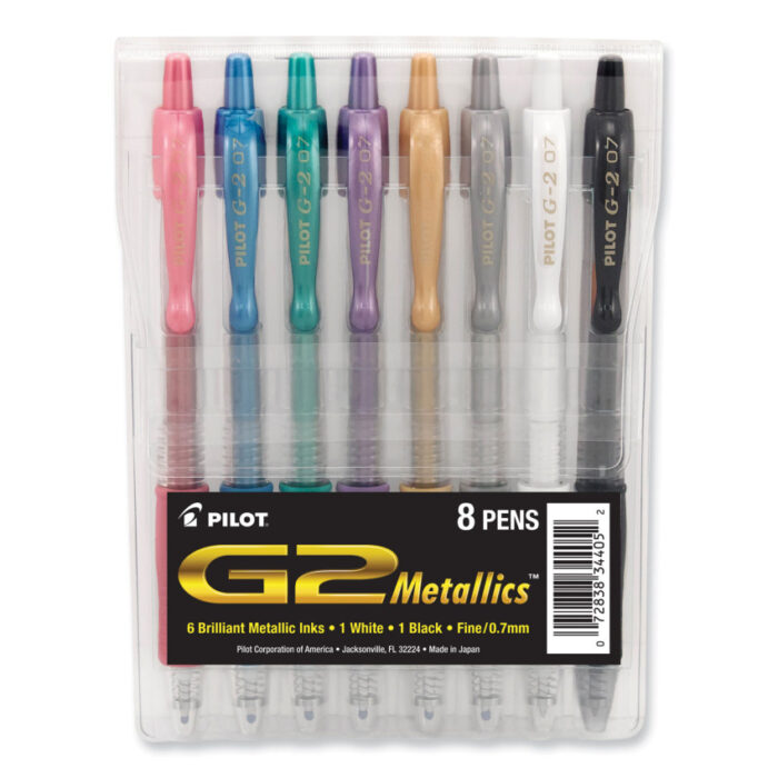 Pilot G2 Metallics Gel Pen, Retractable, Fine 0.7 mm, Assorted Ink and Barrel Colors, 8/Pack (PIL34405)